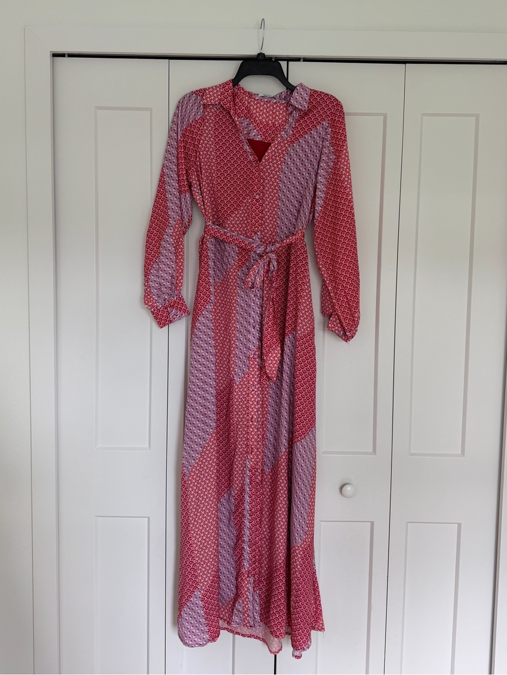 BTFL- Life Pink Patterned Long Sleeve Maxi Dress with Belt